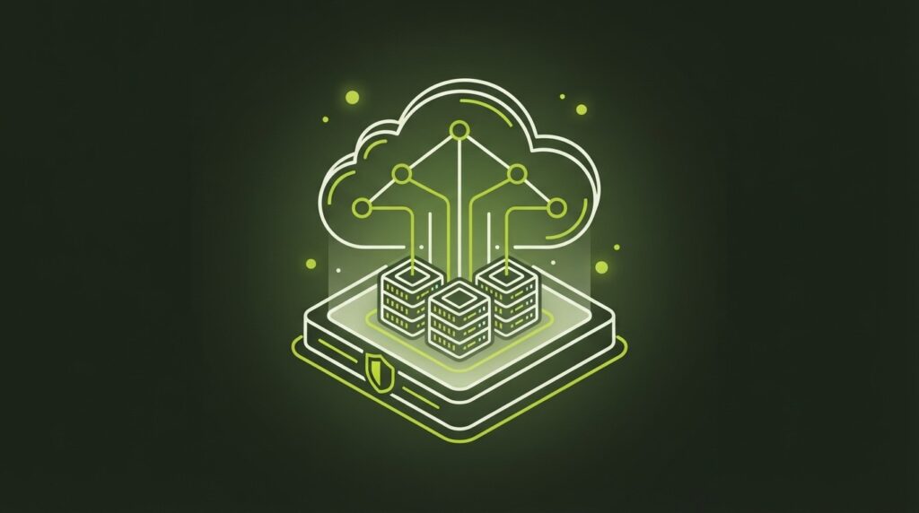 Illustration einer Private Cloud mit Serverracks und Schutzschild im Linienstil