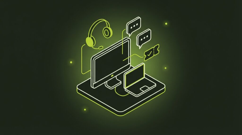 Illustration eines IT-Helpdesks mit Monitor, Laptop, Headset und Ticket im Linienstil