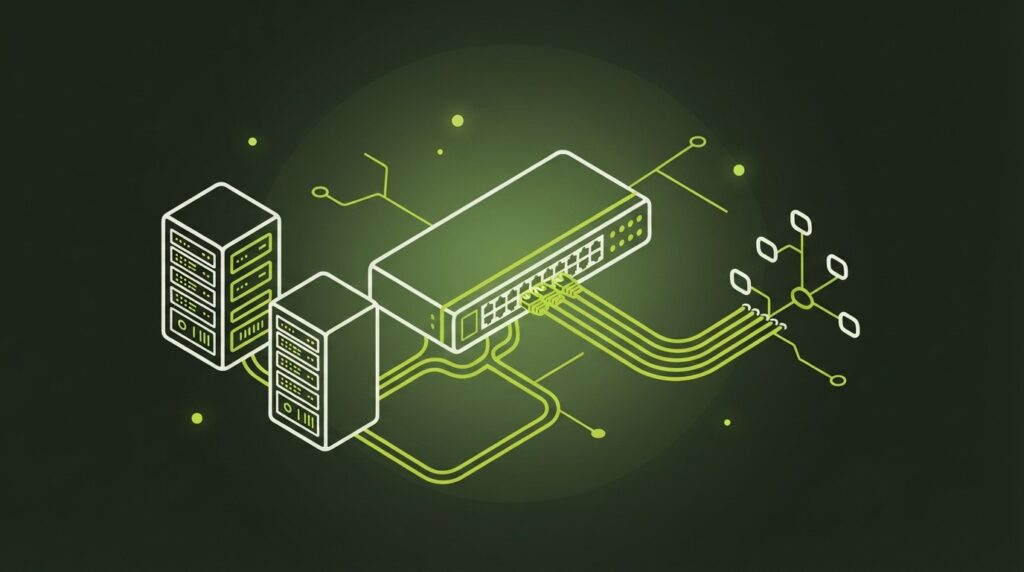 Illustration von Netzwerk-Infrastruktur mit Switch, Patchkabeln und Serverracks im Linienstil