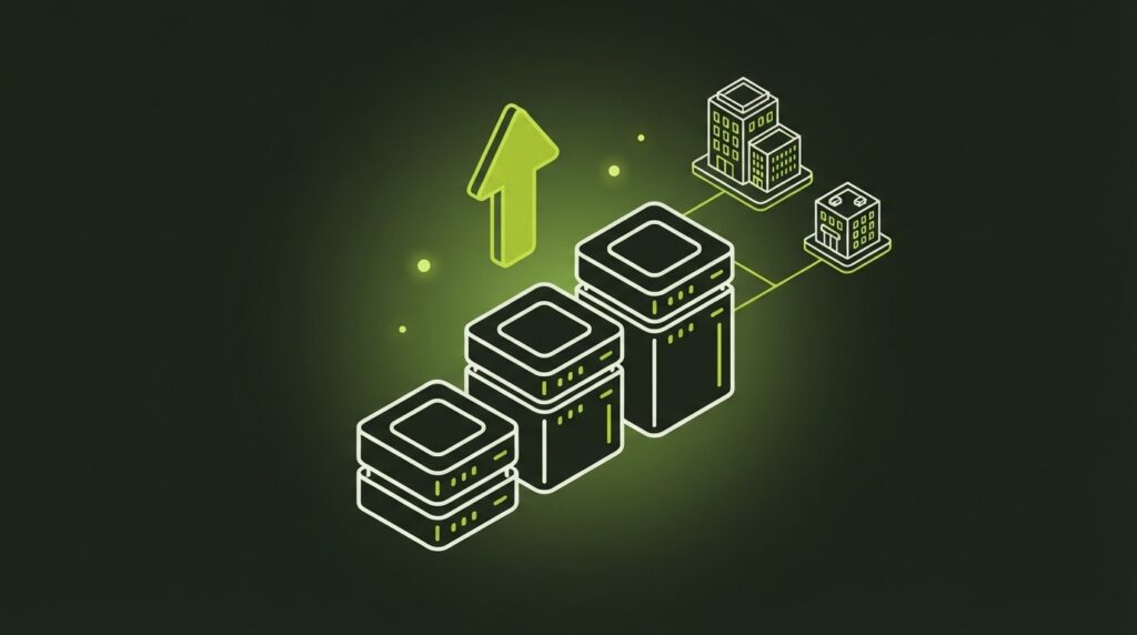 Illustration von skalierbarer IT-Infrastruktur mit wachsenden Serverblöcken im Linienstil