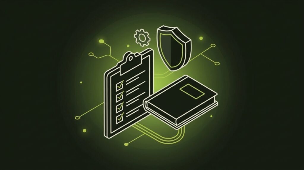 Compliance und IT-Governance: Checkliste, Schild und Zahnrad