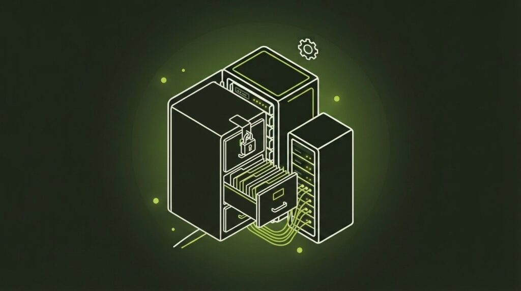 Betrieb, Integration & Sicherheit - IT-Illustration im Line-Art-Stil