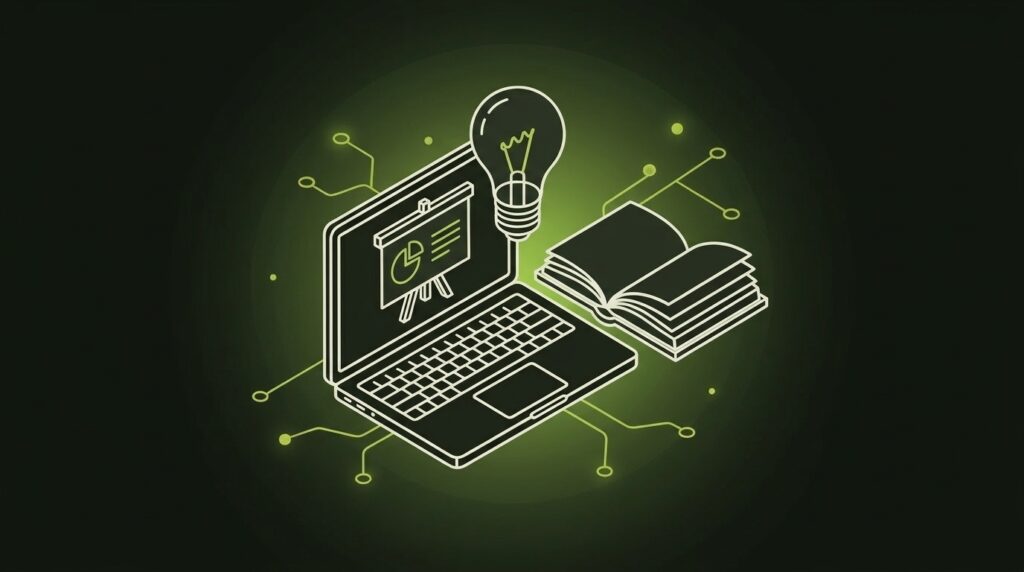 Schulungen und Anwenderunterstützung: Laptop mit Präsentation und Buch