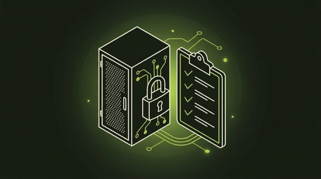 Technische und organisatorische Maßnahmen: Server mit Schloss und Checkliste
