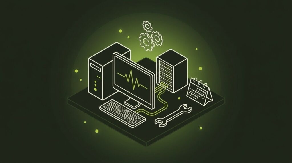 DATEV-Installation & laufende Betreuung - IT-Illustration im Line-Art-Stil