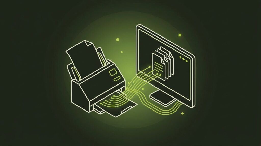 scannerbox.® & Belegdigitalisierung - IT-Illustration im Line-Art-Stil