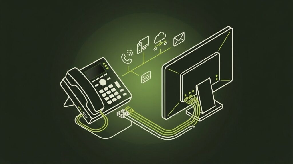 Telefonie-Integration & Schnittstellen - IT-Illustration im Line-Art-Stil