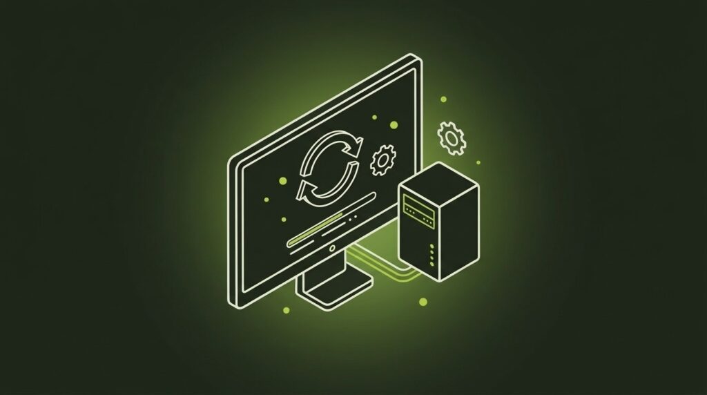 Update- & Systemservice - IT-Illustration im Line-Art-Stil