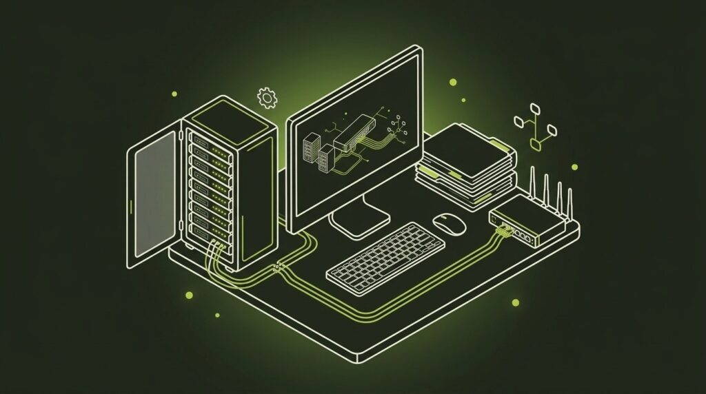IT-Infrastruktur für Kanzleien - IT-Illustration im Line-Art-Stil