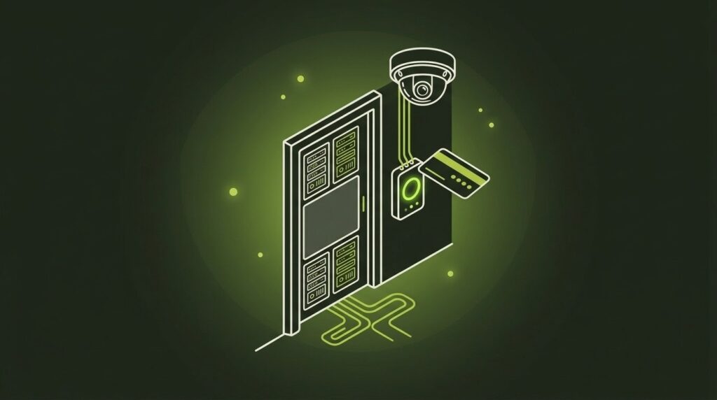 Perimeter Security & Zutrittskontrollen - IT-Illustration im Line-Art-Stil