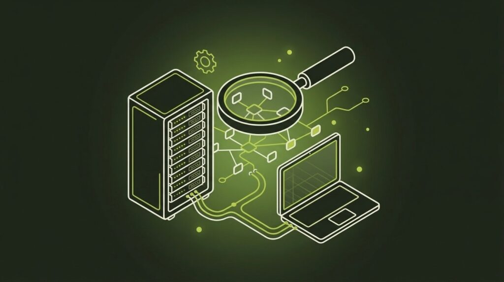 OSINT- & interne Systemanalyse - IT-Illustration im Line-Art-Stil