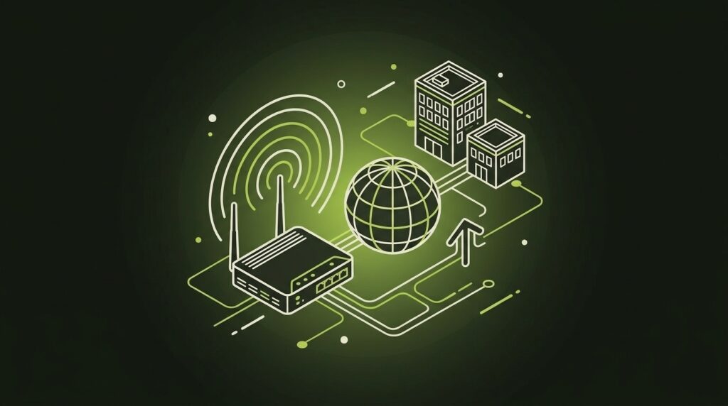 Internet und Standortanbindung: Router, Globus und Gebäude