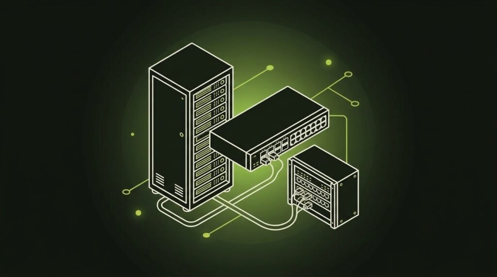 Netzwerk und Server-Infrastruktur: Switch mit Server-Rack