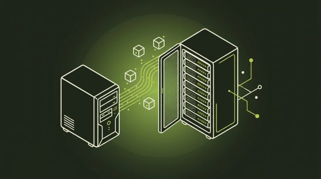 Datenmigration & Rollouts - IT-Illustration im Line-Art-Stil