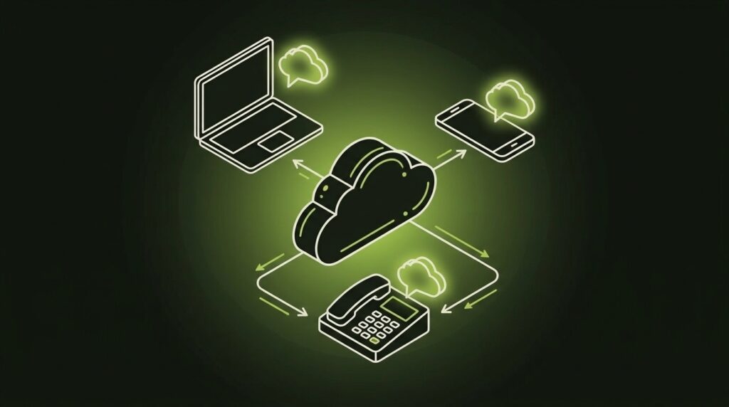 UCC und Collaboration: Laptop, Smartphone und Telefon um eine Cloud
