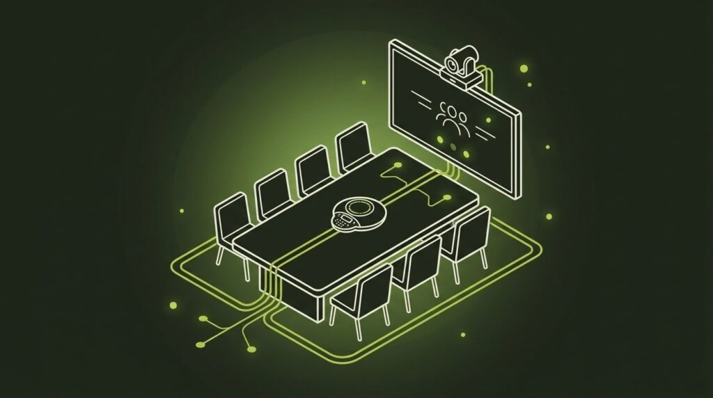 Videomeetings & Besprechungsraum-Lösungen - IT-Illustration im Line-Art-Stil