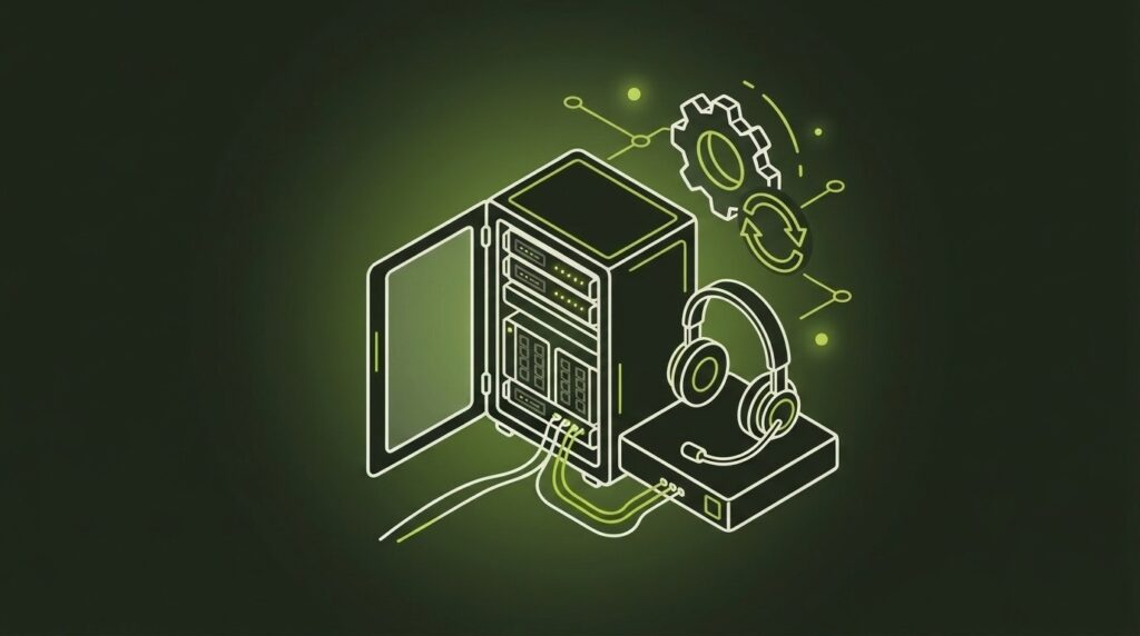 Betrieb, Updates & Support - IT-Illustration im Line-Art-Stil